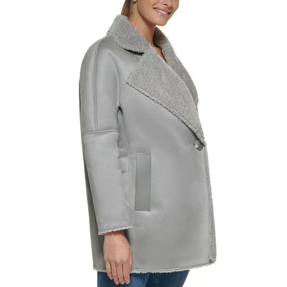 Calvin Klein Women's Faux Fur Long Sleeve Shearling Coat Gray - Picture 2 of 12